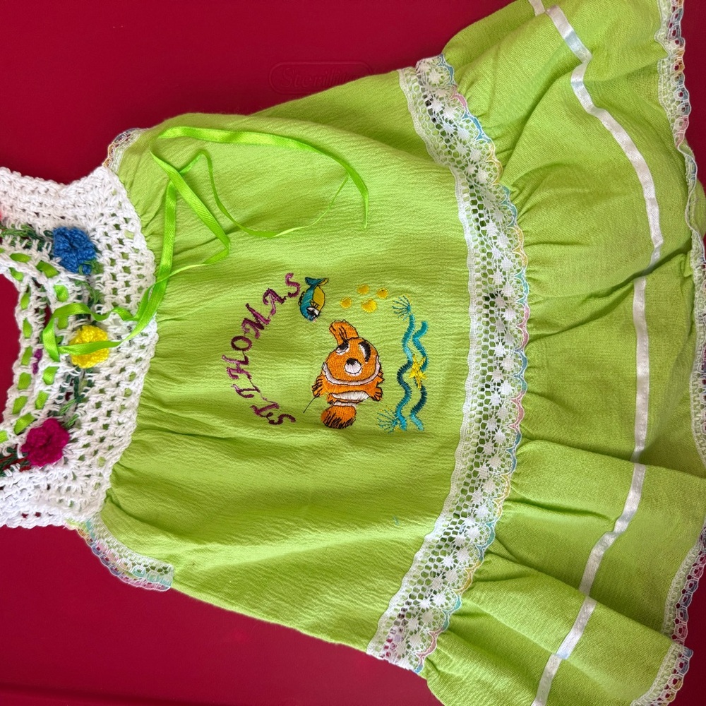 Handmade Crochet Trim Dress with Fish Embroidery - St Thomas Island